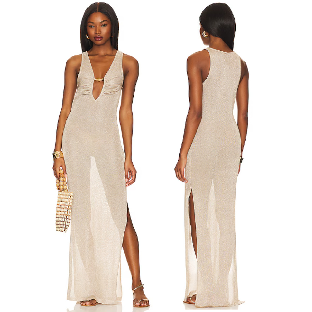 Shani Shemer Leny Metallic Knit Maxi Cover-Up Long Dress Gold Women's Small